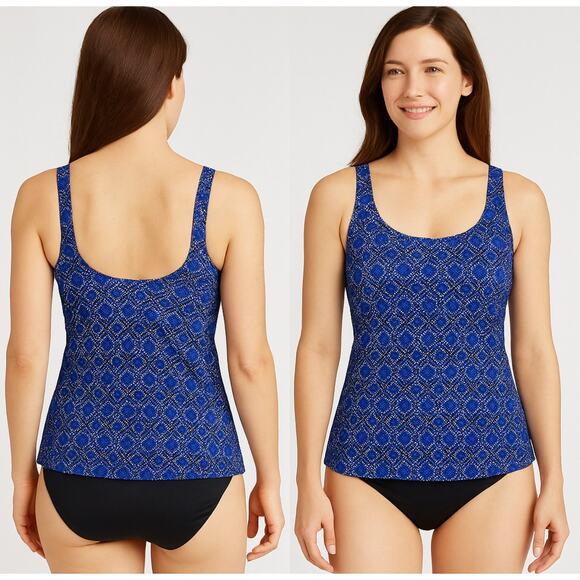 L.L.Bean Blue Geometric Tankini Swim Top Size 10 Regular UPF 50+ Padded Bra - Picture 1 of 7